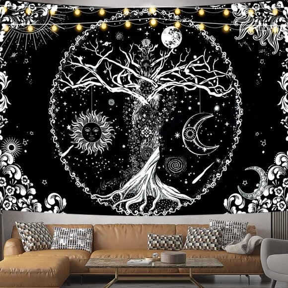 Tree of Life Tapestry, Sun, Moon, Galaxy Space Black & White Tapestry - 70"x90" - Picture 1 of 9